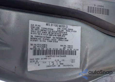 2005 Ford Taurus Se из США, поврежденный, VIN 1FAFP53215A156409